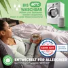 A woman is lying in bed with a blanket and holding a cup of coffee. The image also features marketing text and graphics related to the product. Produktbild-Vorschau