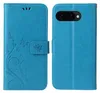 A product image showing a blue flip cover phone case for a Google Pixel 9a, displayed from the front and back. Produktbild-Vorschau