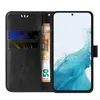 A black flip phone case with card slots and a euro banknote is shown open, revealing a smartphone screen with a blue abstract wallpaper. Produktbild-Vorschau