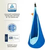 A blue hanging pod chair with certifications and logos on the left side. Náhled obrázku produktu