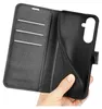 A hand holding open a black leather flip wallet case for a smartphone, showing the card slots and the phone holder. Produktbild-Vorschau