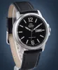 A close-up studio shot of an Orient men's watch with a black dial and a black leather strap. Voir les images du produit