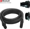 A coiled black flexible hose with connectors and a separate threaded adapter on a white background. Produktbild-Vorschau