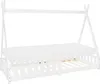 A white tipi-style children's bed with a mattress and a pull-out trundle bed. Produktbild-Vorschau