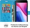 A blue flip-style phone case is open, showing credit cards and a banknote inserted into slots. The phone screen is visible on the right side. Produktbild-Vorschau