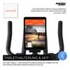 A close-up of an indoor cycle bike's tablet holder with a tablet displaying an app, alongside marketing text and logos. Produktbild-Vorschau