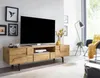 Lowboard Eiche-Dekor in Gesamtansicht mit TV-Gerät, offenen Fächern und geschlossenen Türen auf schwarzen Beinen. Voir les images du produit