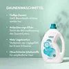 A bottle of HAKA Daunenwaschmittel is shown next to a list of its benefits. Produktbild-Vorschau