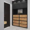 A modern entryway with a dark wood door and a black and wood shoe cabinet. Podgląd zdjęcia produktu