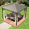 A gazebo with furniture set up on a wooden deck in a garden. Produktbild-Vorschau