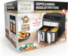 The image shows the retail packaging of a dual-chamber air fryer. Produktbild-Vorschau