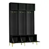 A black hallway cabinet with gold accents, featuring multiple shelves, coat hooks, and storage compartments with hinged doors. Anteprima dell’immagine prodotto