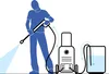 A person is using a blue pressure washer to spray water. The pressure washer is connected to a water source and a hose. Podgląd zdjęcia produktu