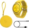 A yellow smartwatch, its charging cable, and a round yellow case are arranged on a white background. Voir les images du produit