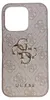 A pink iPhone 14 Pro case with a repeating Guess logo pattern and a metallic Guess logo in the center. Voir les images du produit