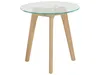 A round glass-top side table with a wooden base. Náhled obrázku produktu