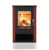A modern red and black wood-burning stove with a fire burning inside. Produktbild-Vorschau