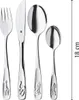 A set of four stainless steel children's cutlery pieces, each featuring an embossed animal design on the handle, arranged side-by-side against a white background. A ruler indicating 18 cm is shown on the right side. Náhľad obrázku produktu