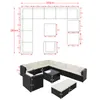 Diagram showing the dimensions of a modular outdoor furniture set, with a separate image of the assembled furniture below. Produktbild-Vorschau