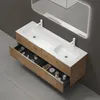 A bathroom vanity with a double sink and open drawers. Produktbild-Vorschau