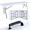 A white folding table is shown in three different views: fully assembled, folded in half, and a close-up of the carrying handle. Produktbild-Vorschau