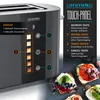 A close-up of a toaster with a touch panel and a diagram explaining its functions, with toast slices shown in the foreground. Podgląd zdjęcia produktu