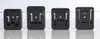 Four black battery adapters are lined up against a white and light gray background. Produktbild-Vorschau