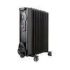 A black oil-filled radiator heater with wheels is shown against a white background. Podgląd zdjęcia produktu
