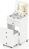 A white vanity set with a lighted mirror, storage drawers, and a stool, shown with the stool pulled out. Produktbild-Vorschau