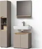 A modern bathroom vanity set with a tall cabinet, sink, and base cabinet against a white wall. Anteprima dell’immagine prodotto