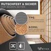 A rolled-up yoga mat with close-up views of its materials and descriptive text. Produktbild-Vorschau