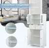 A white bathroom cabinet with drawers and doors, shown in a bathroom setting with a sink and mirror in the background. Insets show shelf spacing. Podgląd zdjęcia produktu