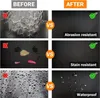 A collage showing the 'before' and 'after' of a product's protective qualities, demonstrating its abrasion resistance, stain resistance, and waterproof nature. Produktbild-Vorschau