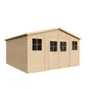 A wooden garden shed with windows and double doors, presented against a white background. Náhľad obrázku produktu