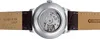 The back of a watch with a leather strap is shown, revealing the internal mechanism. Produktbild-Vorschau