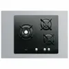 A black gas stovetop with three burners and control knobs, set against a light gray background. Anteprima dell’immagine prodotto
