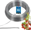 A coil of galvanized wire is shown next to a tomato plant being supported by a wooden stake. Produktbild-Vorschau