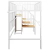 A white metal loft bed with wooden steps and a desk area, shown from the front. Náhled obrázku produktu