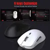 Two gaming mice, one black and one white, are displayed on a dark reflective surface. Above them, a graphic shows screenshots of a mouse customization software. Produktbild-Vorschau