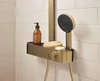 A close-up shot of a modern shower head and shelf with soap and a loofah. Produktbild-Vorschau