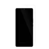 A clear screen protector is shown placed over a smartphone. Produktbild-Vorschau