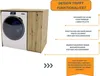 A washing machine next to a wooden cabinet, with descriptive text highlighting product features. Produktbild-Vorschau