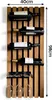 A wooden wine rack mounted on a wall, holding several bottles of wine and wine glasses. Produktbild-Vorschau