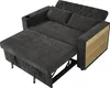 A dark gray sofa bed is shown in an open configuration, with the bed extended and a chaise lounge section pulled out. The sofa has two cushions and a tufted backrest. There are wooden accents on the side of the sofa, including a shelf and a circular elemen Produktbild-Vorschau