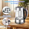 A glass electric kettle is shown on a wooden table, with close-up insets highlighting its features and cleaning. Produktbild-Vorschau