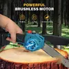A hand holding a cordless chainsaw over a cut tree stump, with a forest background. Náhled obrázku produktu