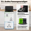 A kitchen trash can with multiple compartments, shown in a domestic setting with text overlays highlighting features. Podgląd zdjęcia produktu