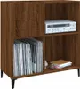 A brown wooden cabinet with multiple shelves, displaying vinyl records, an electronic device, and books. Produktbild-Vorschau