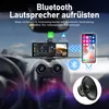 A car dashboard with a mounted screen displaying navigation and media, connected wirelessly to a smartphone, with a speaker shown in the foreground. Produktbild-Vorschau