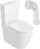 A white, modern toilet with a separate flexible drain pipe shown next to it, both on a white background. Produktbild-Vorschau